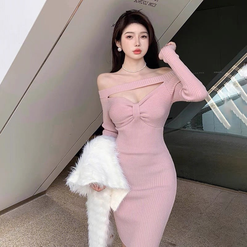 open lace back dress Pink gentle lady style temperament slim autumn and winter knitted dres –  Lee Nhi Boutique