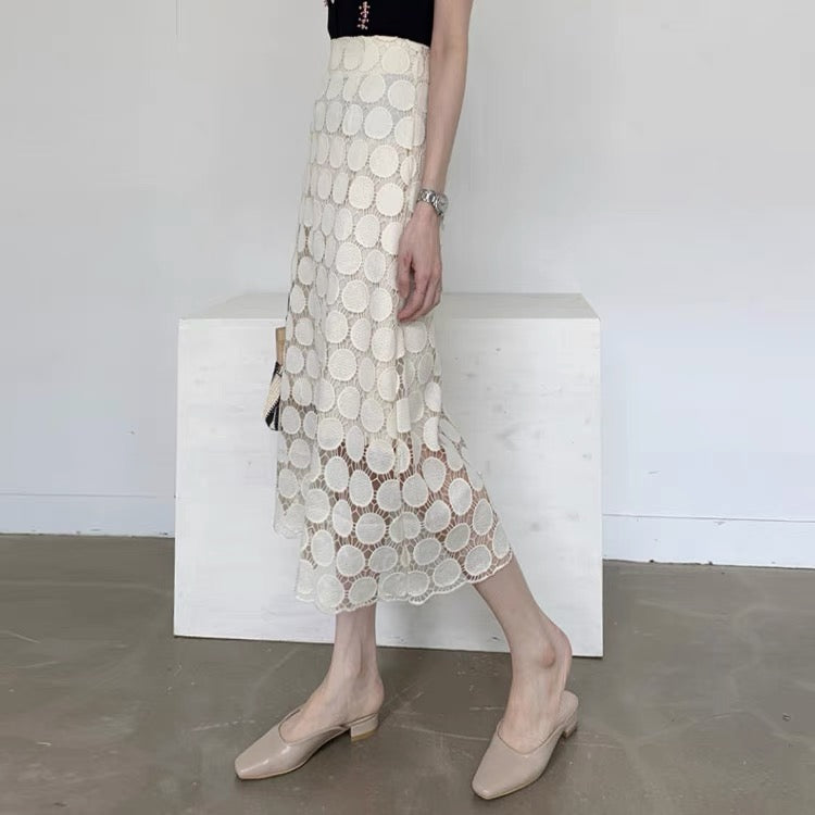 2023 new spring fairy skirt summer a-line French niche lace polka dot irregular mid-length skirt for women T3474