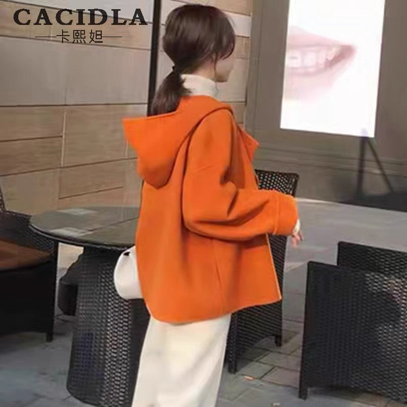 Double-sided cashmere coat women's short woolen coat for small people 2023 spring, autumn and winter Korean style loose orange top