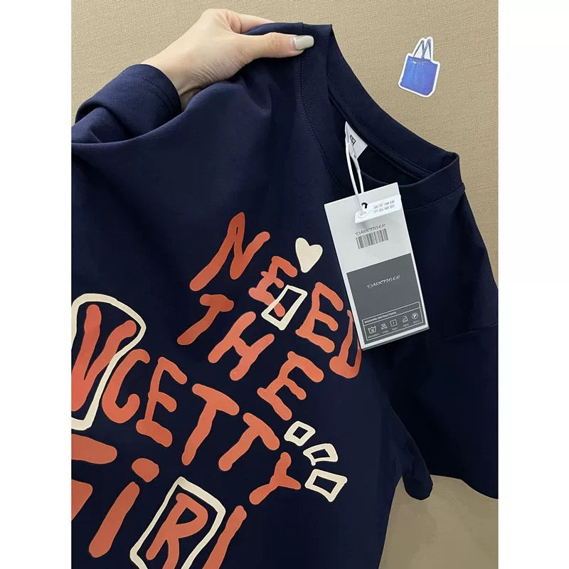American style ins three bears printed cotton short-sleeved T-shirt men and women summer heavyweight all-match loose couple tops