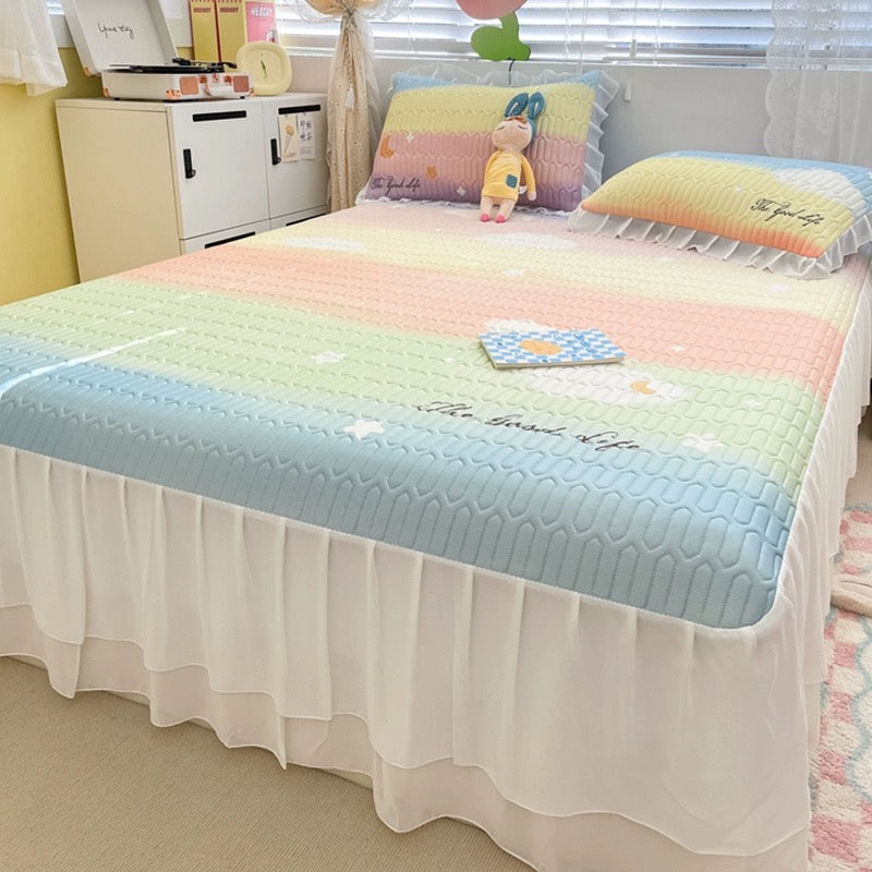 Summer printed bed skirt latex ice silk mat three-piece set princess style bed sheet air conditioning mattress mat machine washable