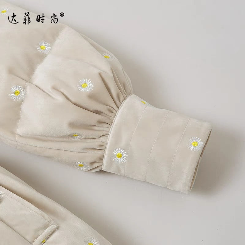 Winter 2023 new women's large lapel velvet embroidered waist mid-length thickened white duck down jacket