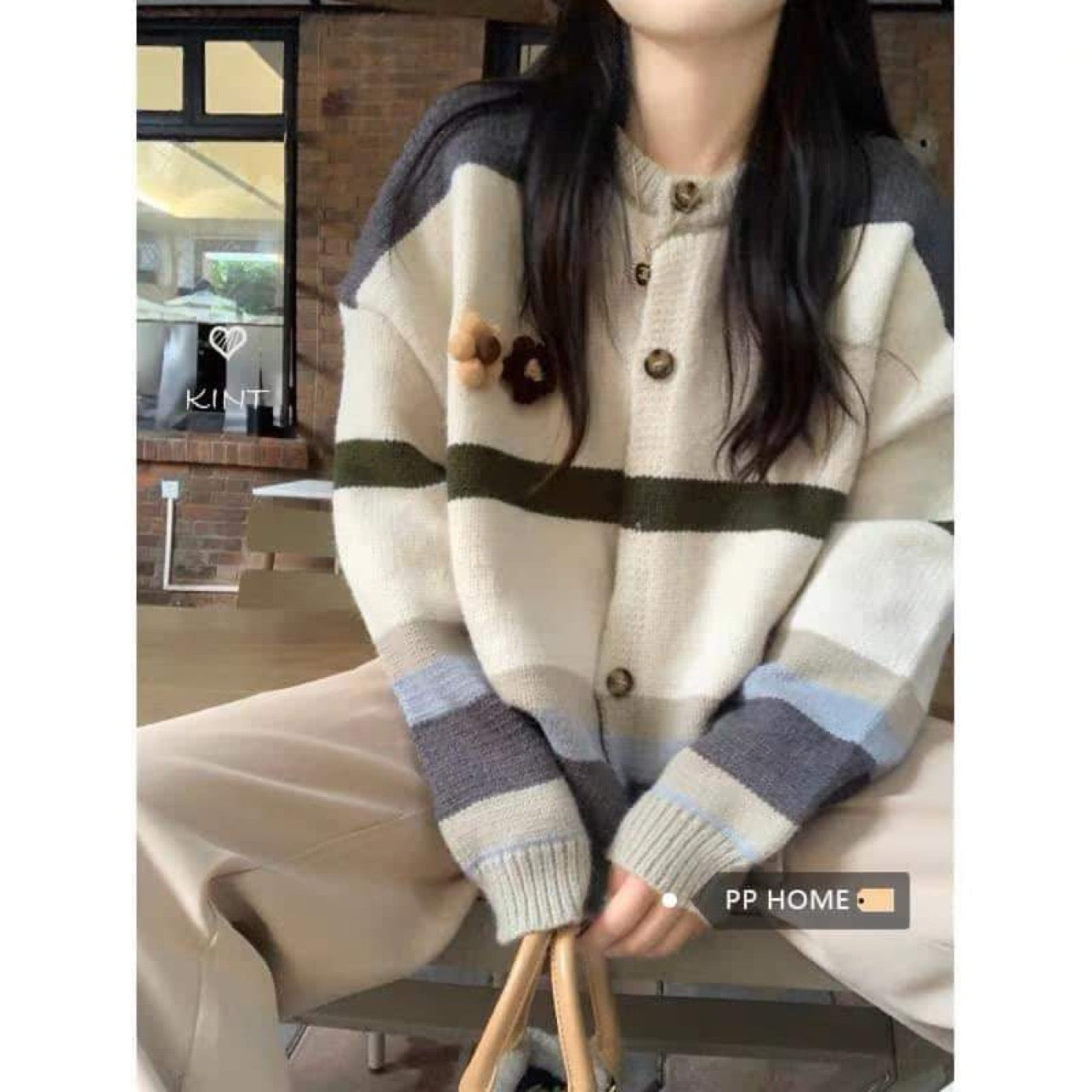 PPHOME Good-looking Korean girl~Korean style gentle and lazy three-dimensional flower retro knitted cardigan striped sweater jacket