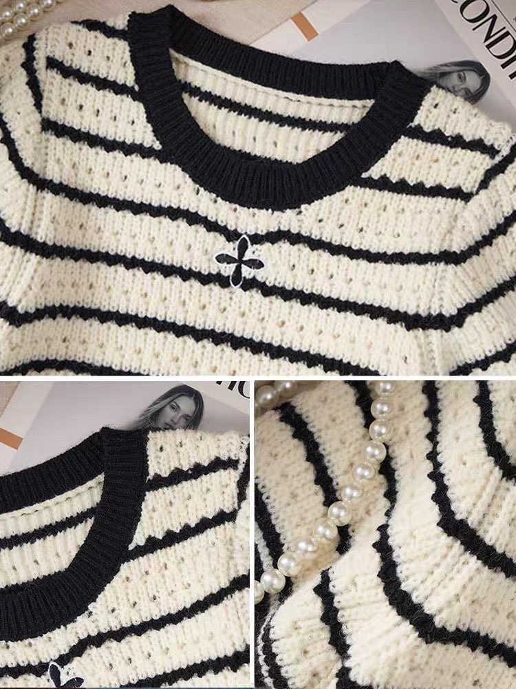Striped knitted short-sleeved T-shirt for women summer 2023 new design niche hollow shirt short loose top V1161