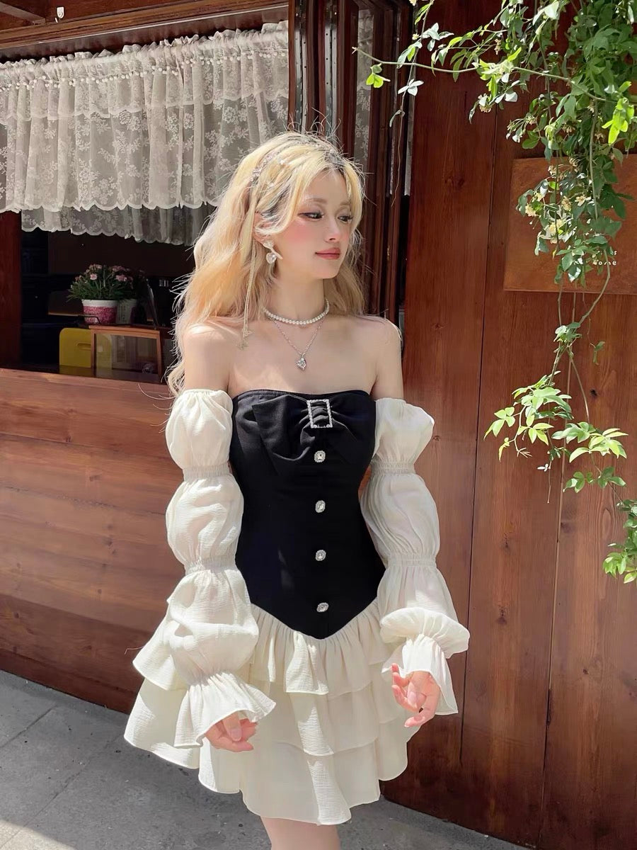 MOXI Pure Desire Hot Girl Designed One-shoulder Lantern Sleeve Tube Top Dress with Bow and Diamond Buttons