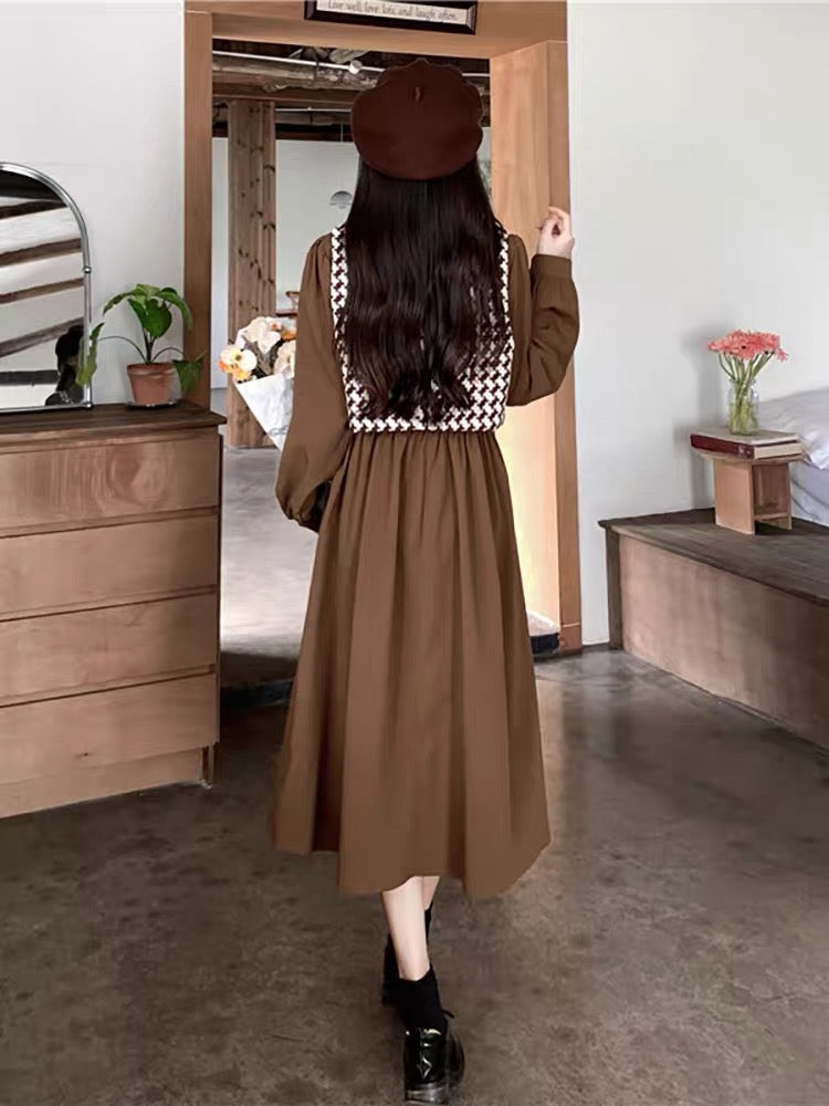 Plus size college small fragrance style two-piece suit dress autumn new style plate buckle houndstooth vest slimming long skirt (S0979)