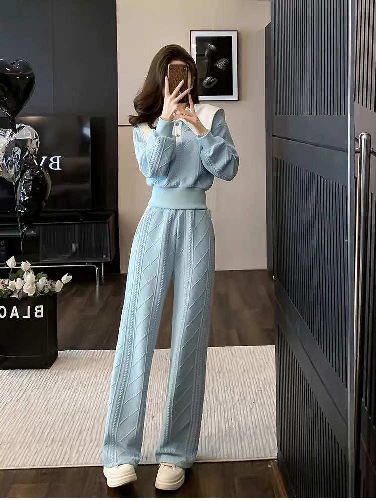 2023 autumn and winter new sweet and stylish large lapel contrasting color short top twist braided slim straight trousers suit (V6614)
