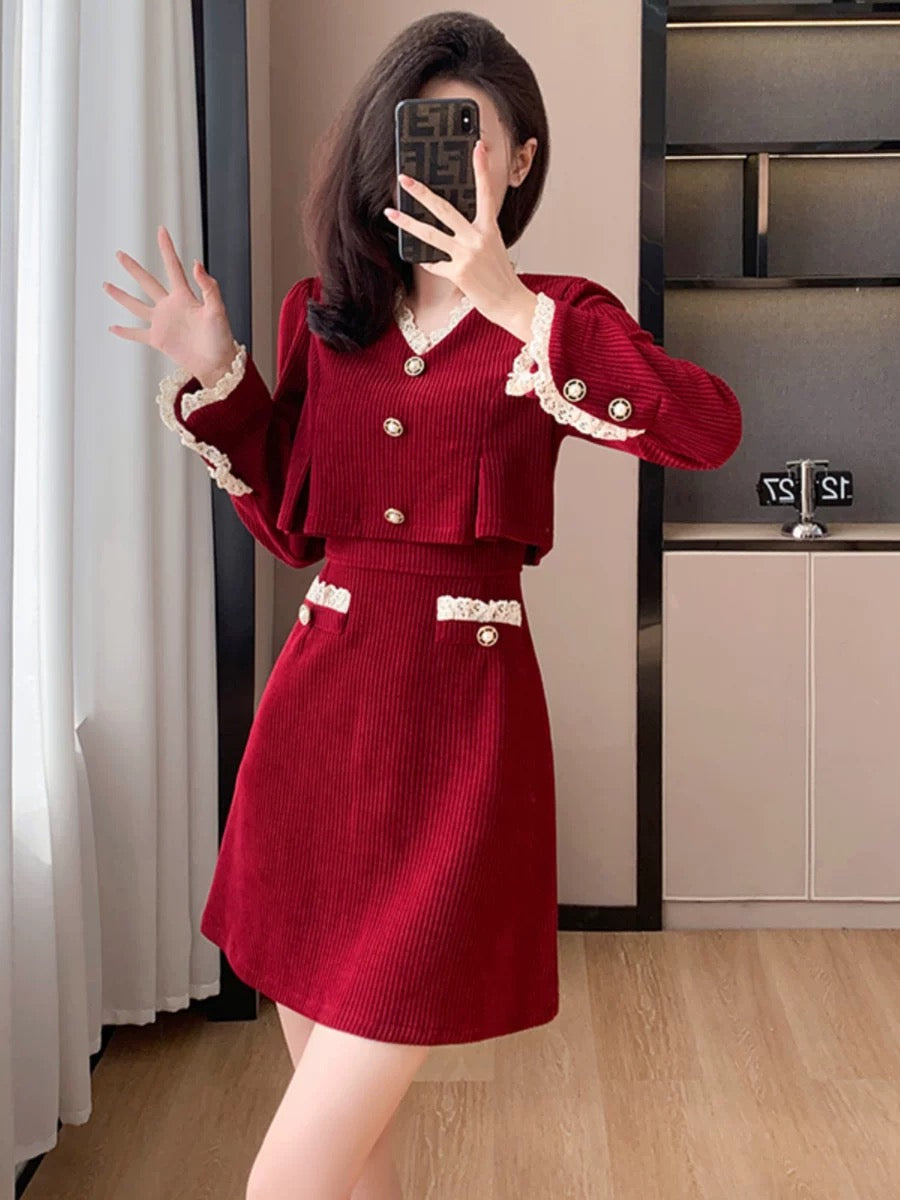 chinese dress ladies Darla Lace Long-Sleeve Mini Dress in Wine Red main image 0