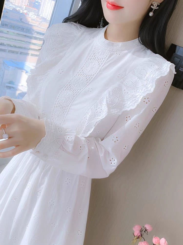 French white lace dress women's autumn clothing 2023 new niche design first love chic fairy dress (S3339)