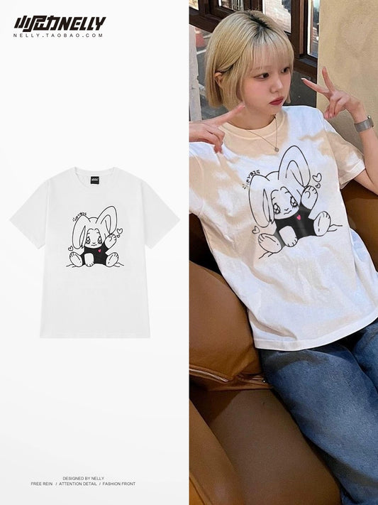 Cartoon print short-sleeved T-shirts for men and women in summer, teenagers, loose couples, versatile short-sleeved tops