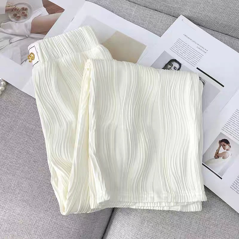 YLSZ customization ~ white wide-leg pants summer high-waist elastic drape water ripple straight nine-point casual pants ice silk (P124)