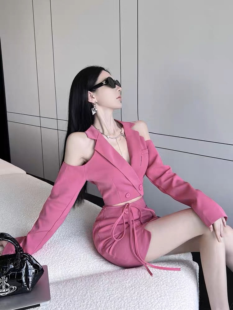 Pure desire sweet hot girl suit strapless suit short jacket female high-end sense two-piece skirt spring and autumn small man