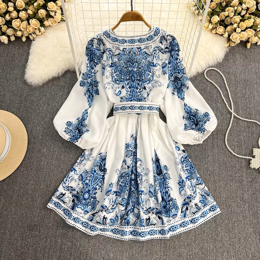 Spring and Autumn Commuting Retro Palace Style Positioned Print Lantern Sleeve V-neck Waist Slimming Single-breasted A-Line Dress