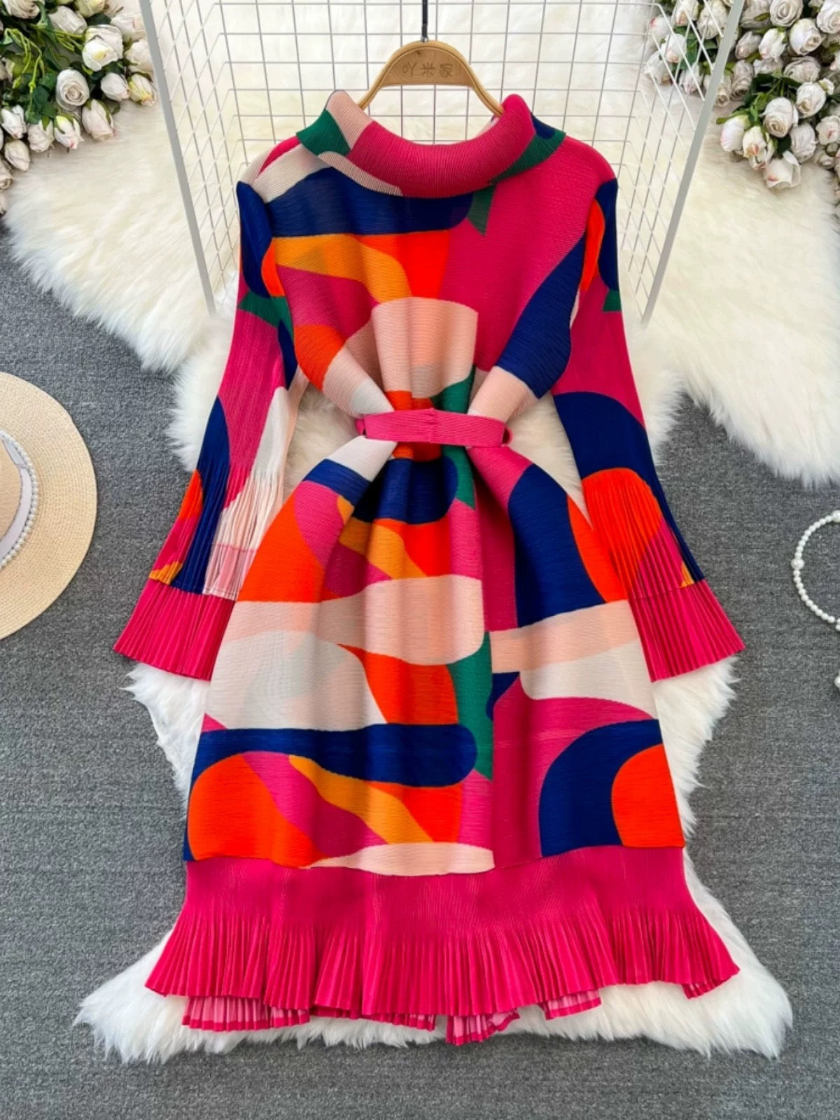 Light luxury temperament Sanyake pleated lapel waist single-breasted A-line ruffled print dress elegant long skirt