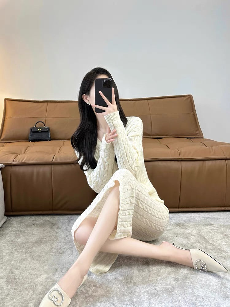 Dignified and elegant women's suit 2023 autumn and winter new Korean style ladylike mid-length knitted skirt two-piece set (S5556)