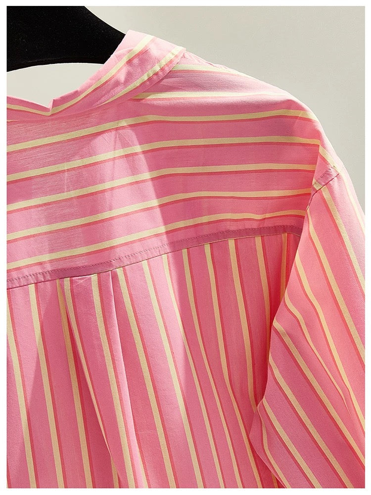 European style pink age-reducing striped cotton shirt for women spring and summer new Korean version loose single-breasted long-sleeved shirt