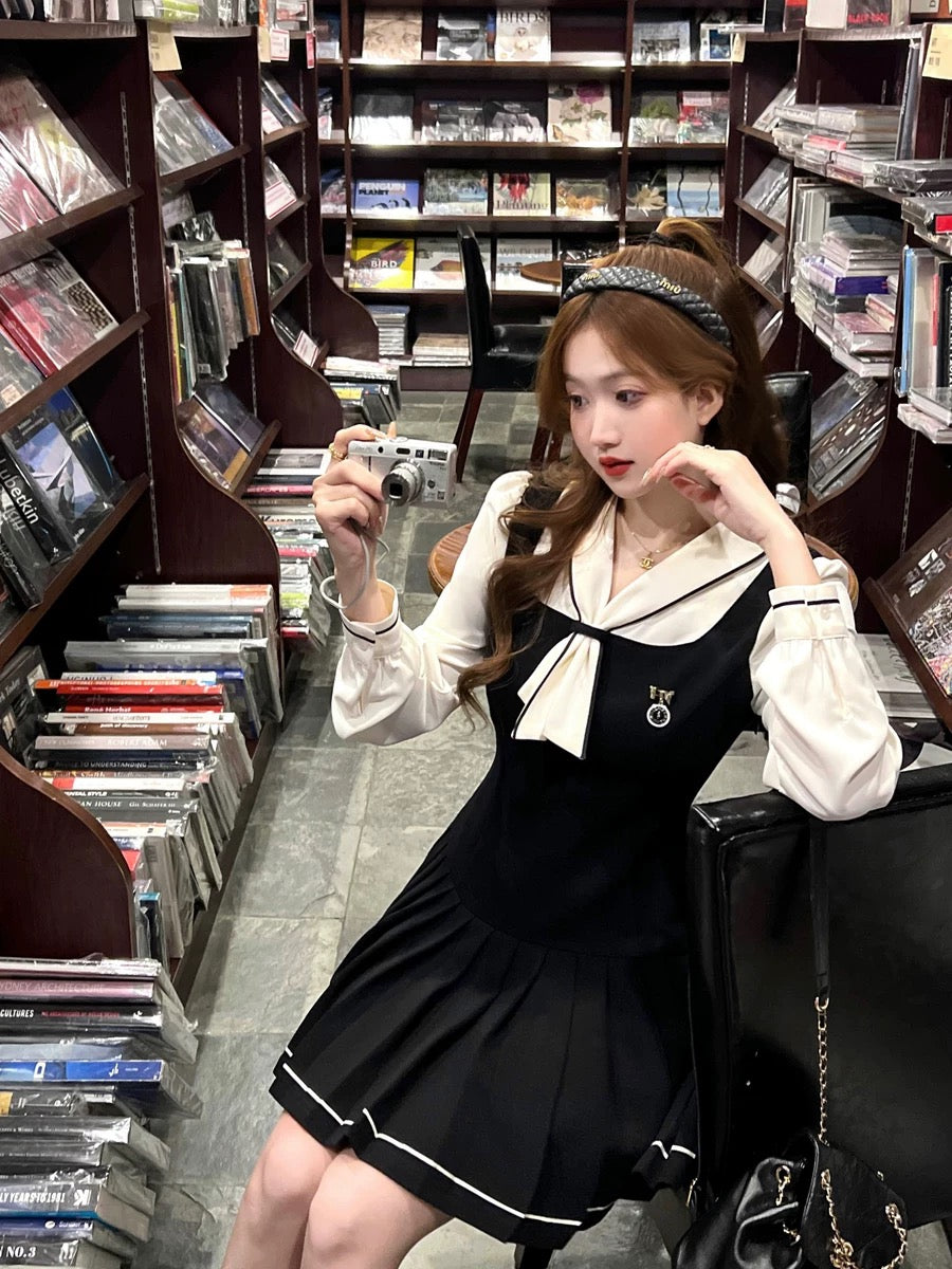 black preppy dress Q Girl's San Carlo Pictorial/Preppy Style Pleated Fake Two-piece Dress –  Lee Nhi Boutique