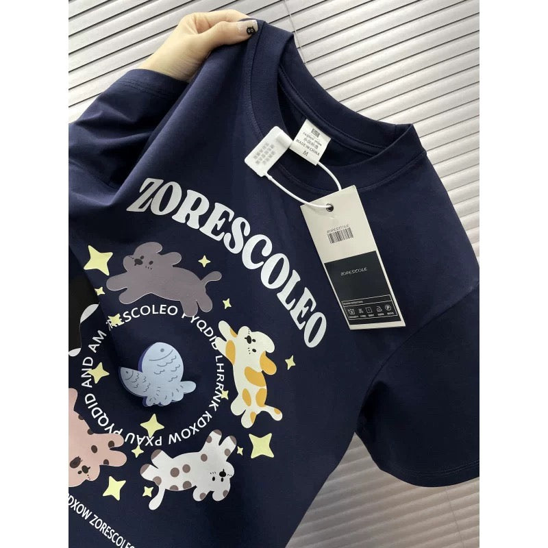 American style ins three bears printed cotton short-sleeved T-shirt men and women summer heavyweight all-match loose couple tops