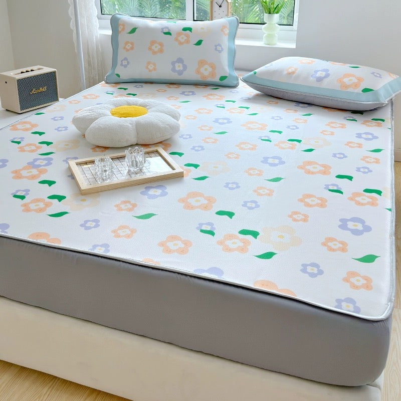 Summer ice silk mat three-piece bed sheet set student dormitory air-conditioning mat home washable foldable soft mat