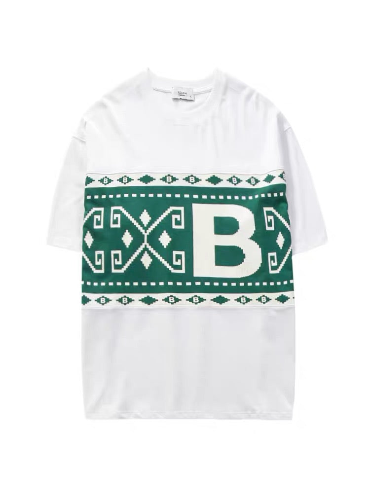 Xu Tailang contrast color Fair Isle printed short-sleeved T-shirt men's summer trendy brand plus size men's quarter-sleeved T-shirt top