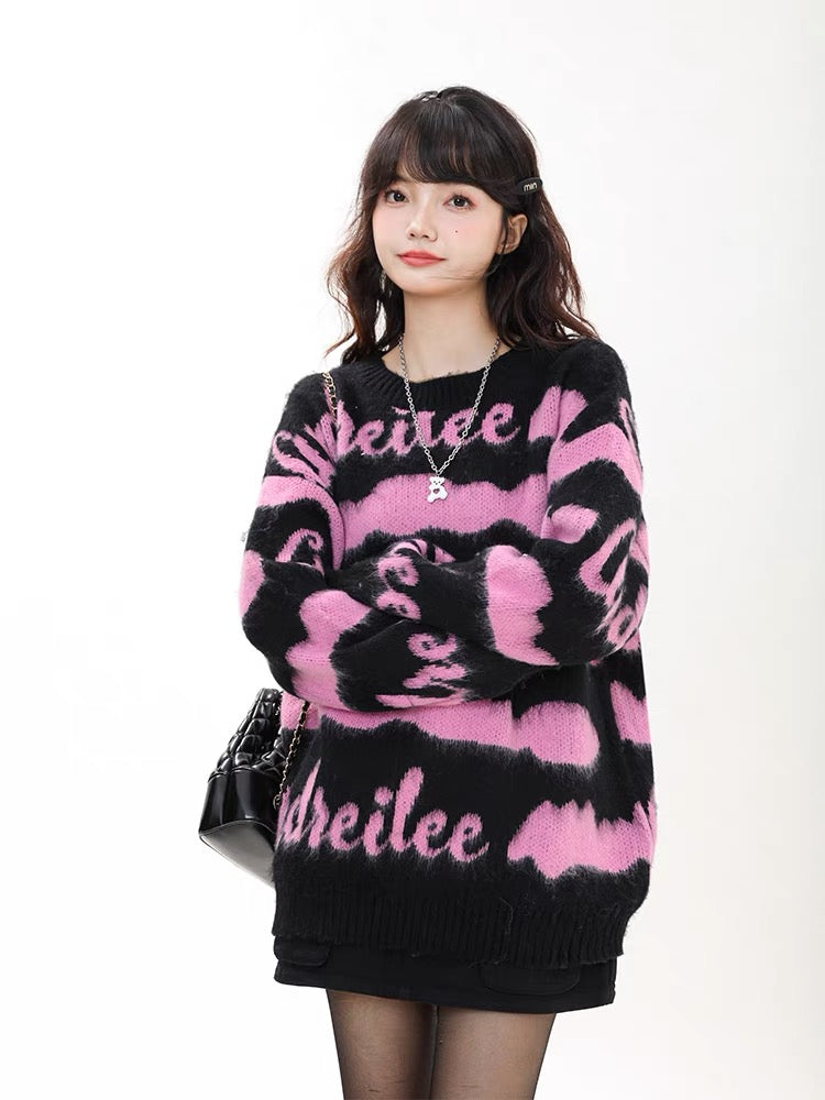 Big sim small sim American striped sweater soft waxy sweater autumn and winter women's lazy style loose pullover top jacket V1164