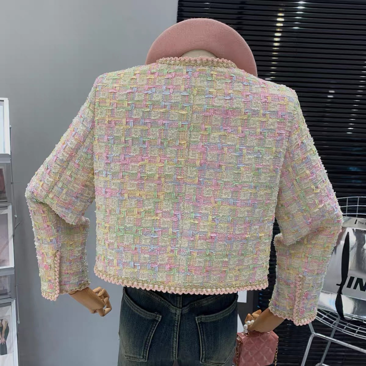 French plaid pink girly style ladylike high-end three-dimensional flower design plaid long-sleeved jacket T7971