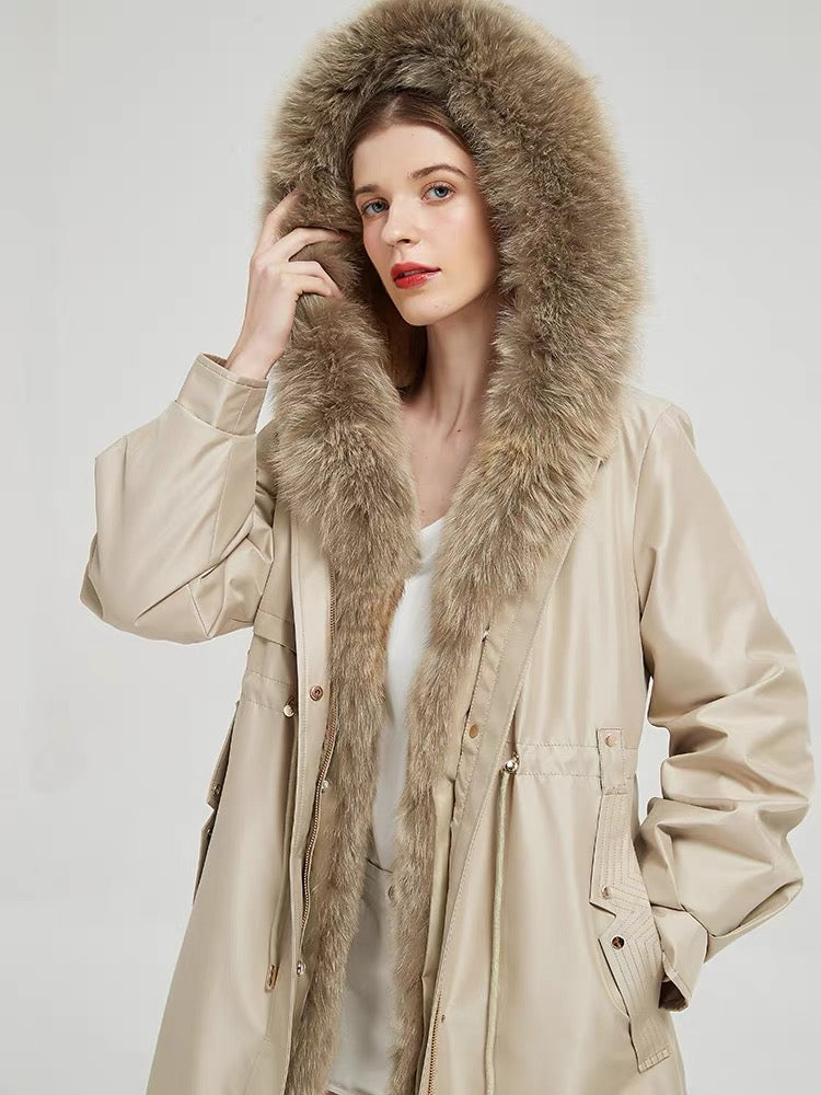 Checkered line big fox fur collar parka for women 2023 new rex rabbit fur liner glossy fur coat detachable