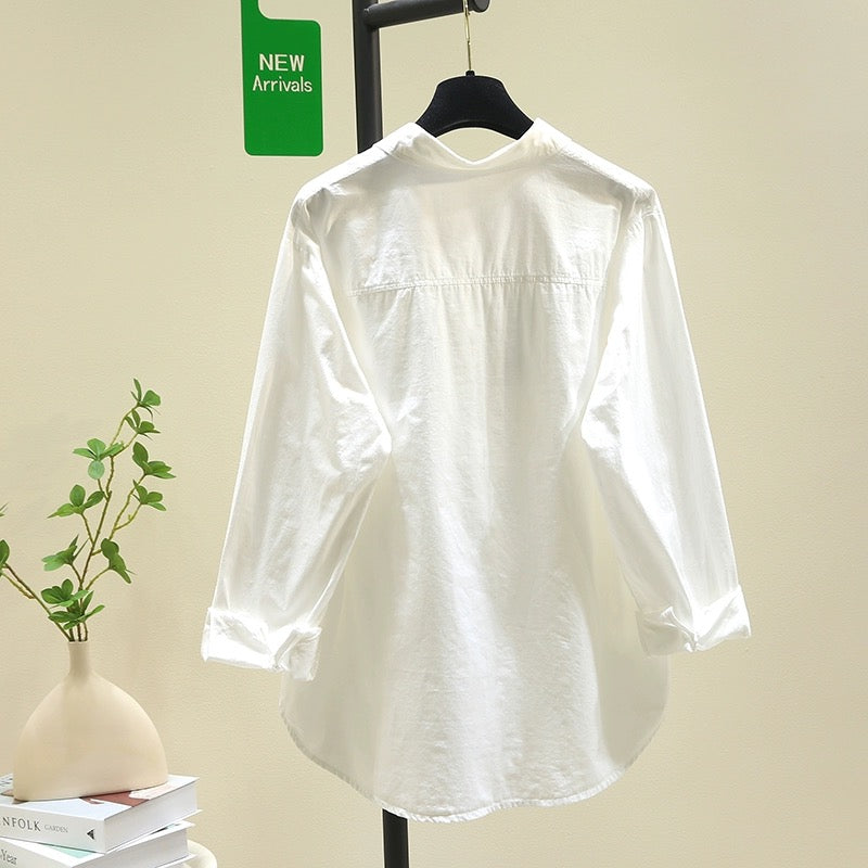 Artistic embroidered long-sleeved white shirt for women 2024 spring and autumn new loose versatile shirt chic bottoming top