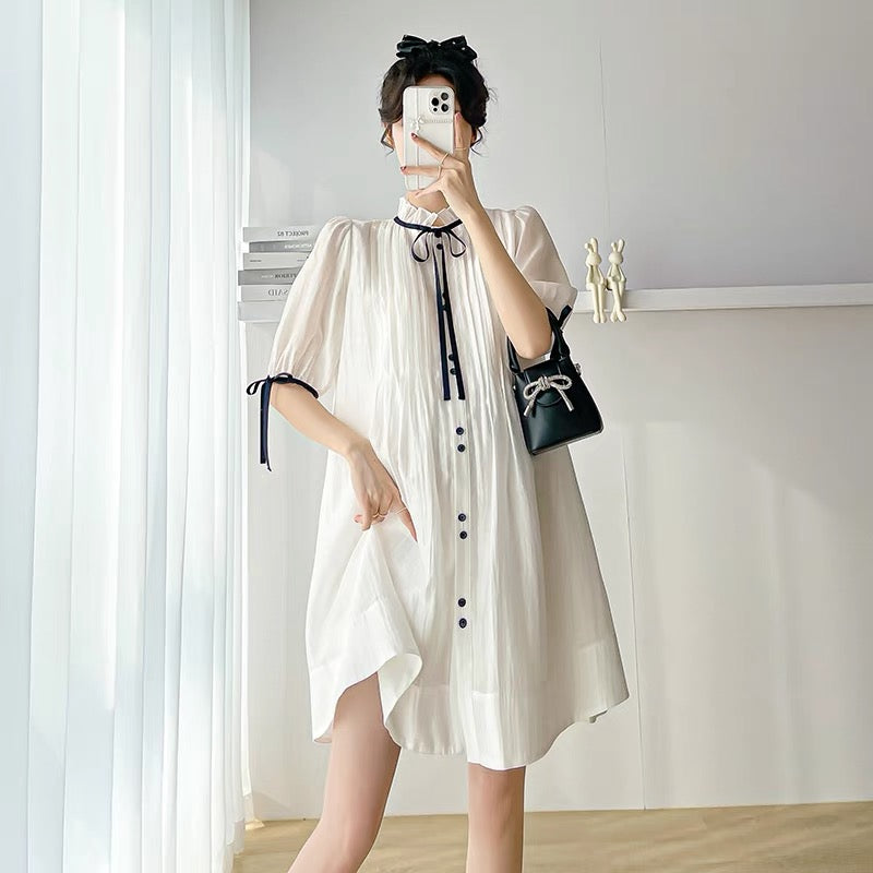 Maternity summer dress Korean style large size simple lotus leaf collar bow loose slimming belly-covering maternity dress summer style