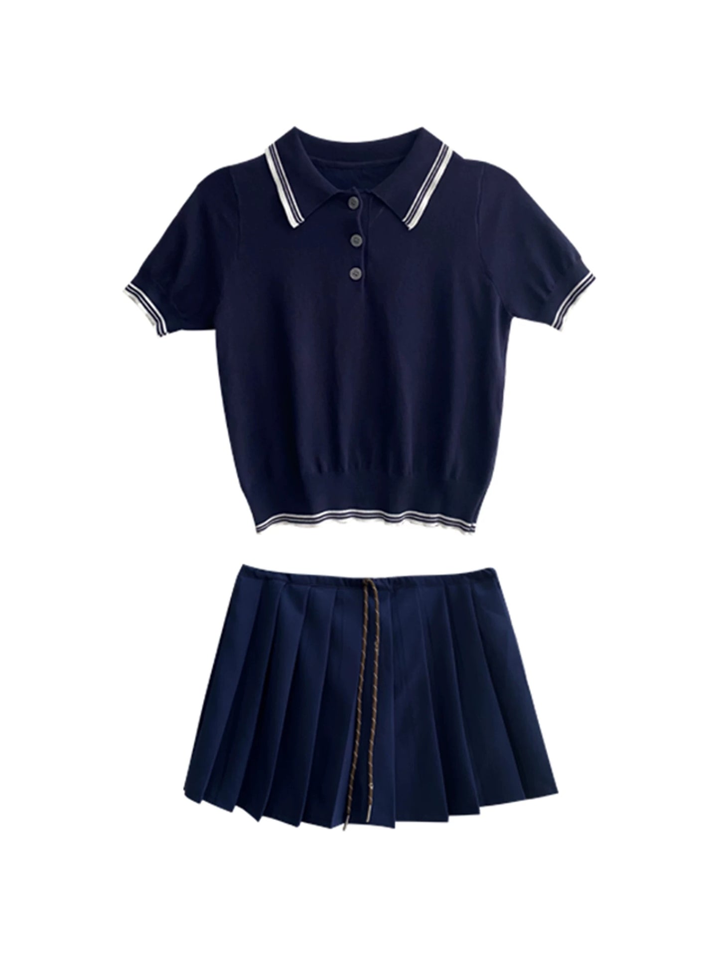 Join Zhang Yuanying/Show-style slim pleated short skirt with exposed navel short striped contrast color POLO shirt two-piece suit for women