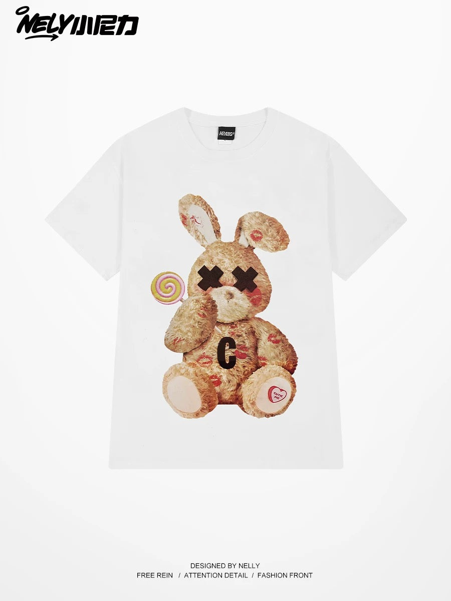 NELY American rabbit print cotton short-sleeved T-shirt for men and women summer fashion vintage couple tops
