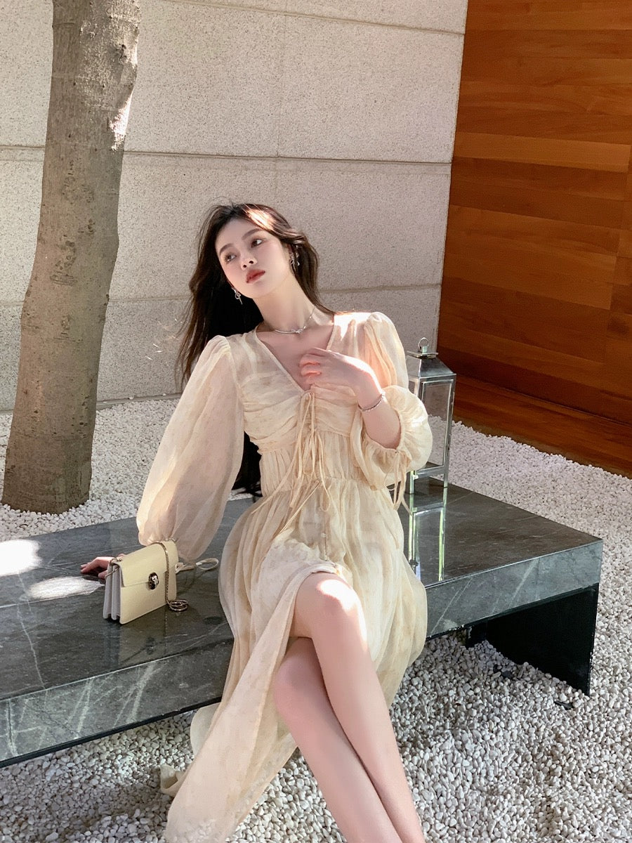 ByYou Spring New Style Puff Sleeve V-neck Printed Yellow Dress Long Two-piece Set Includes Suspender Skirt