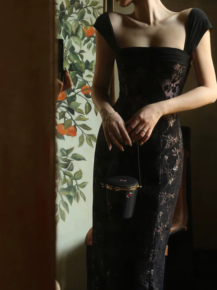 Xiaoli XIAOLI Chinese style floral suspender hip dress autumn and winter new high-end exquisite retro slim skirt