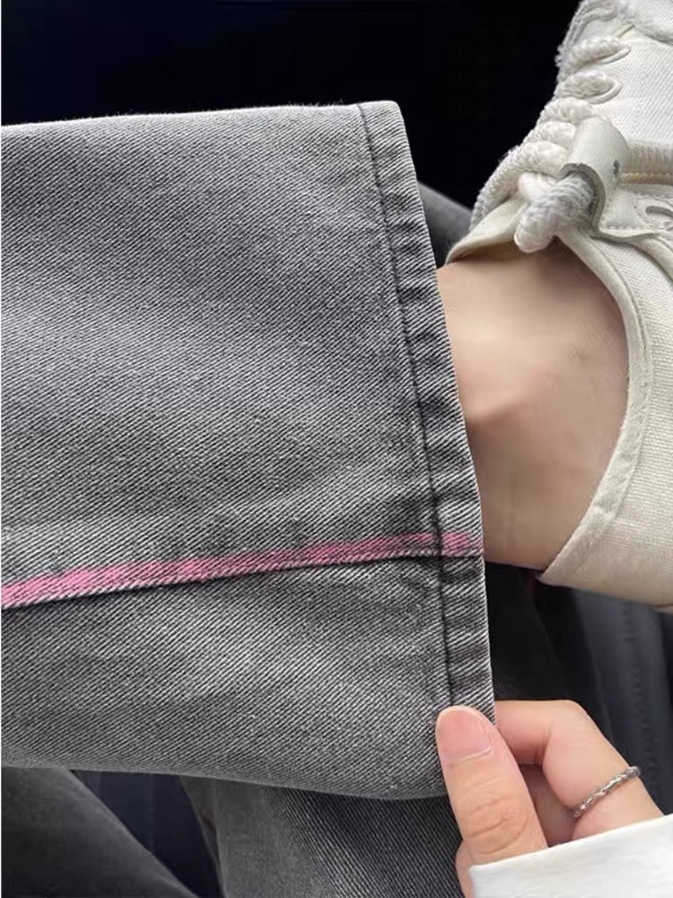 Fashionable design sense contrast color oblique buckle straight jeans for men and women spring and autumn temperament all-match loose wide-leg mopping pants
