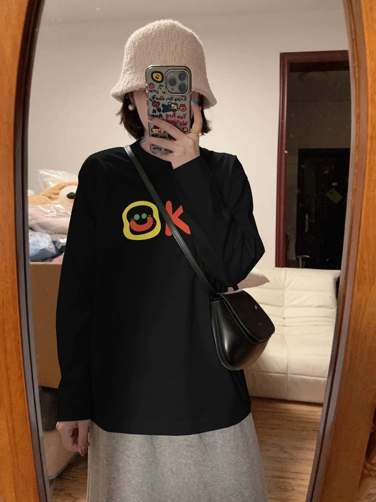 100% cotton American retro Hong Kong style chic straight shoulder long-sleeved T-shirt women's loose lazy niche design top