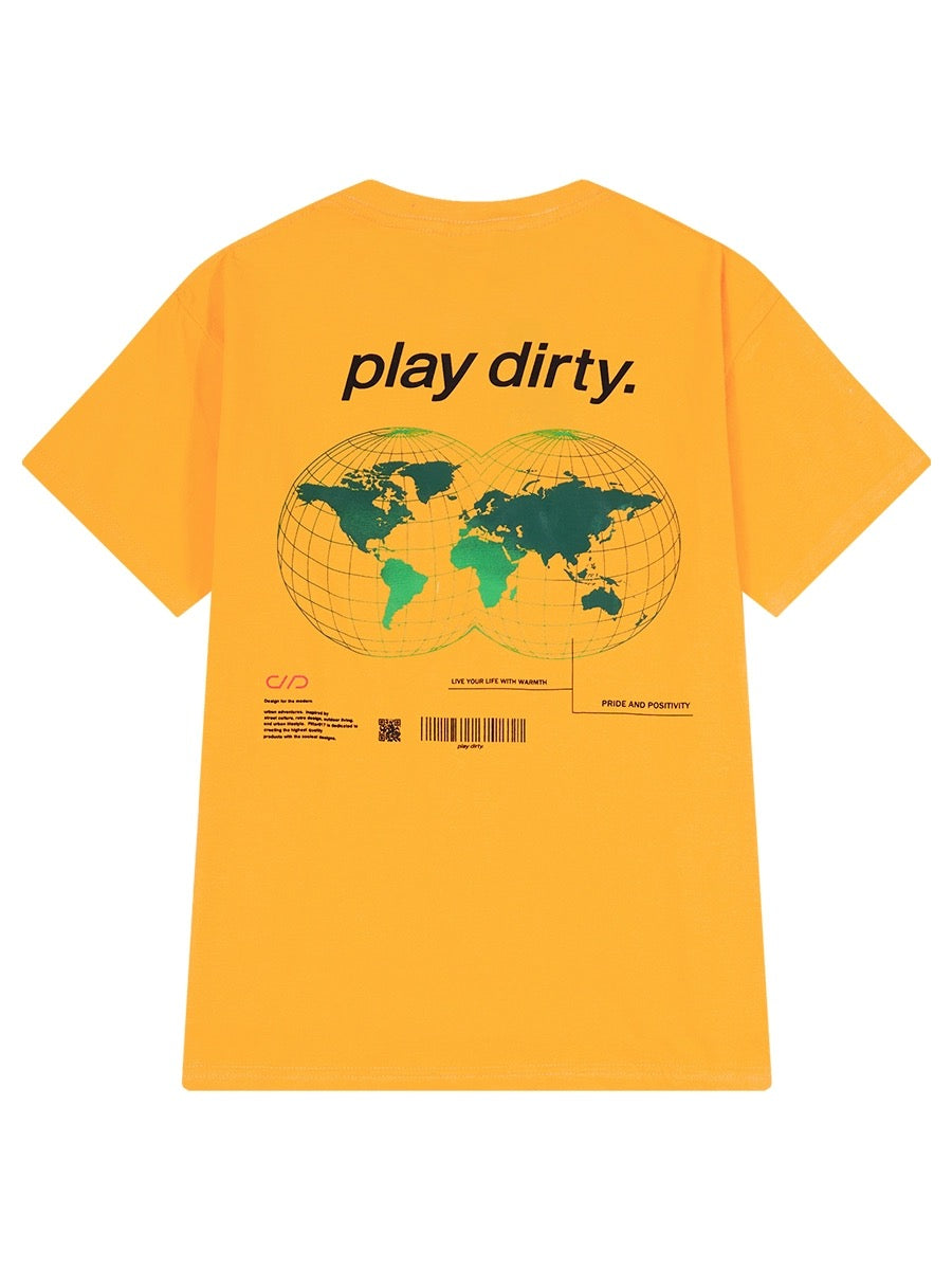 American retro heavyweight pure cotton earth print short-sleeved T-shirt for men and women trendy brand street student couple bottoming T-shirt