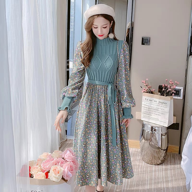 lolita early season corduroy dress women's autumn and winter 2023 new knitted bottoming floral skirt slimming