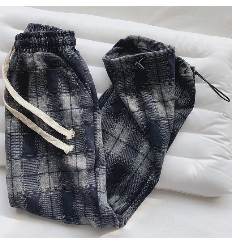 Gentle Thick Plaid Pants Women Autumn and Winter Retro Straight Casual Wide Leg Pants Loose Versatile Slimming Sports Cuff Pants