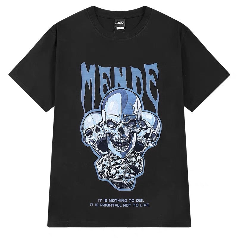 Skull ins Japanese street style round neck printed short-sleeved T-shirt men's trendy brand loose casual cotton five-quarter sleeve TEE