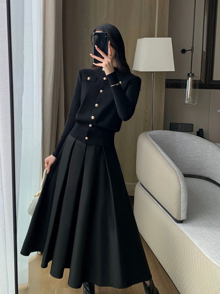 Guo Ge's black knitted cardigan jacket for women 2024 spring new style French temperament Hepburn style slim and versatile top