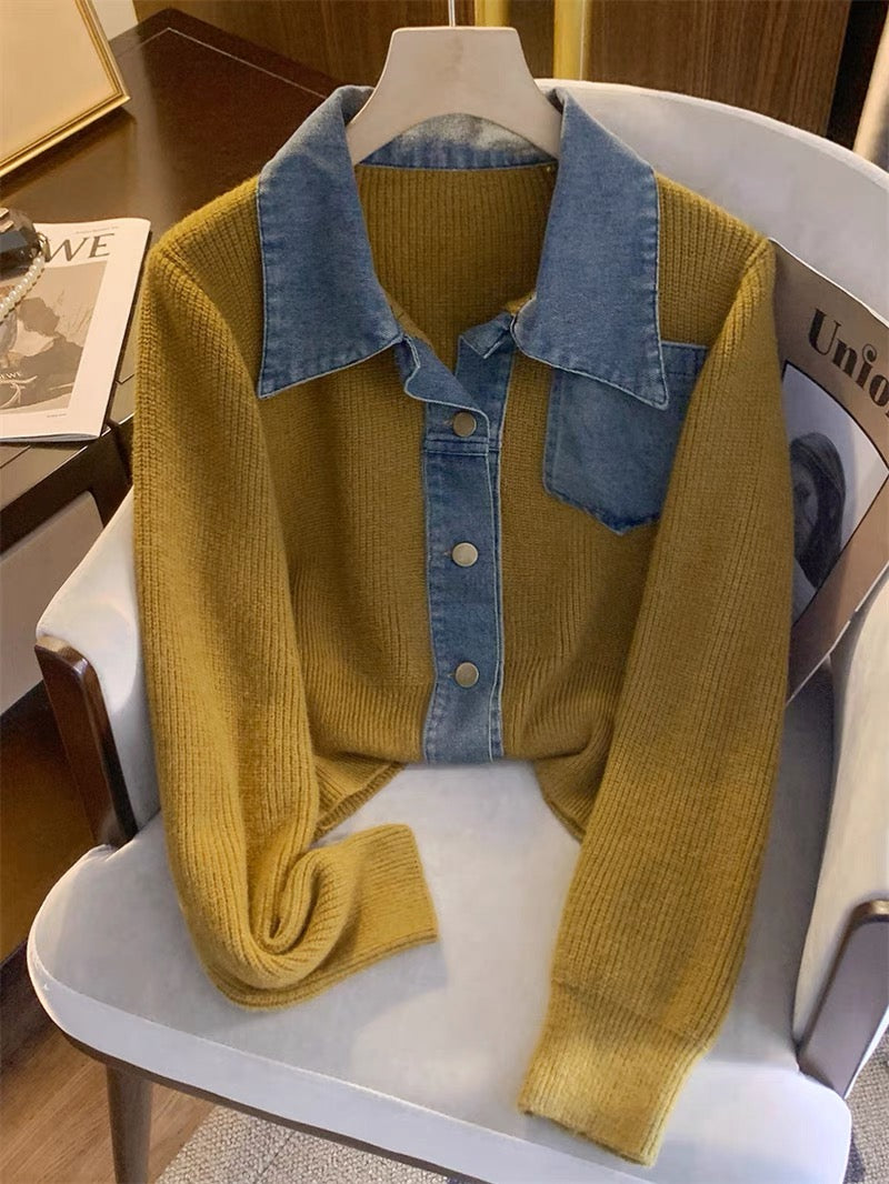 Autumn Knitwear Women's 2023 New Casual Slim POLO Collar Spliced Cardigan Fashionable and Versatile Outerwear Tops for Women V1131