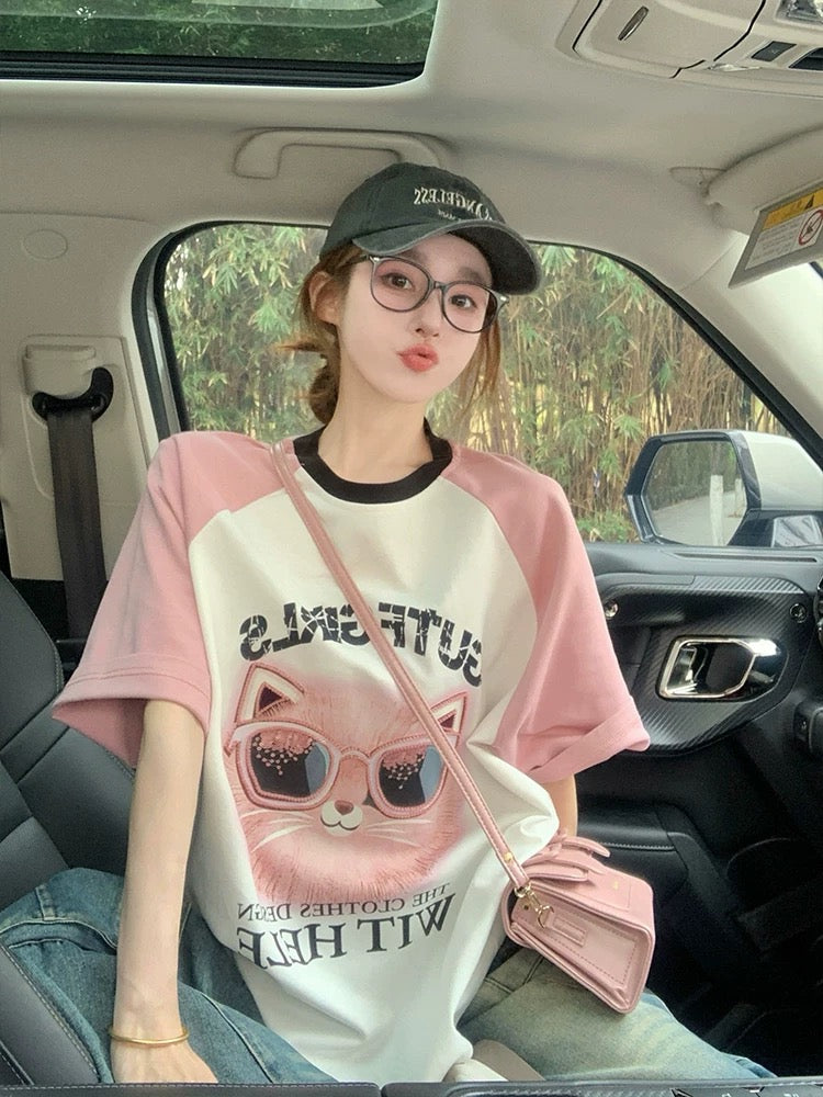 Pink raglan short-sleeved T-shirt for women in summer American loose sequined cat heavy print European goods large version top trend
