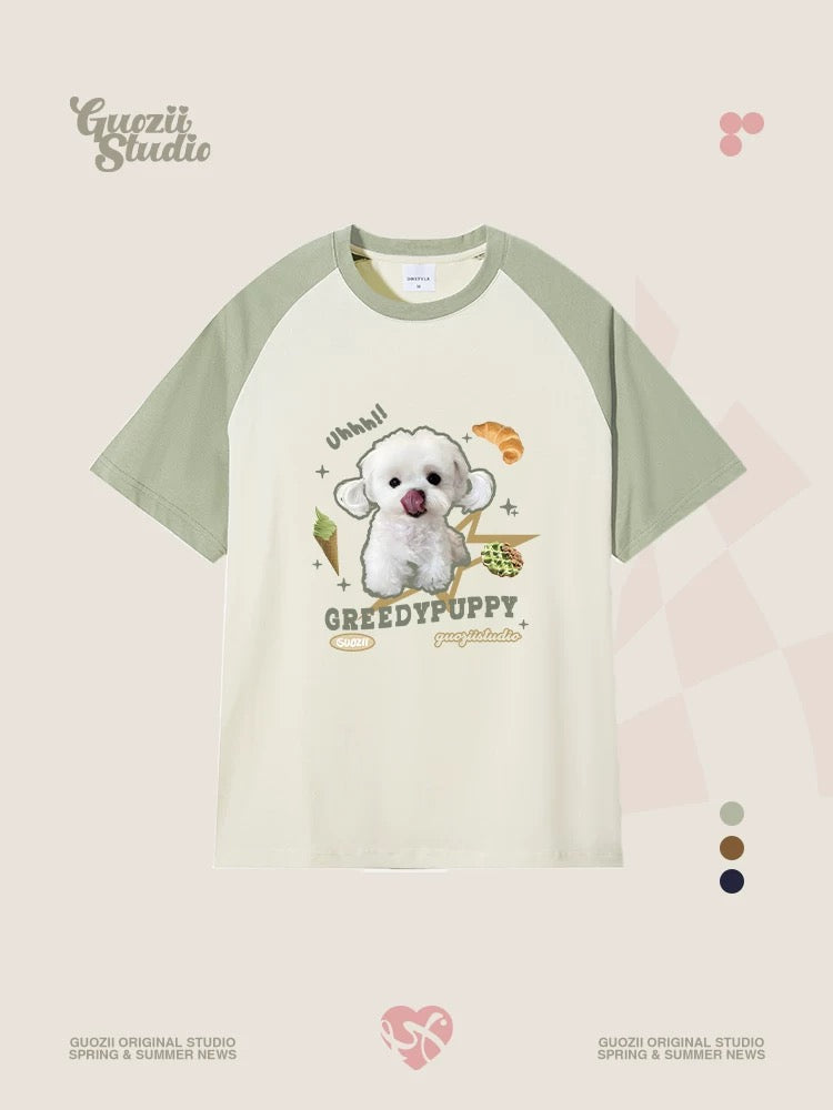 Guozii cute puppy raglan short-sleeved T-shirt female original design small oversize pure cotton top summer
