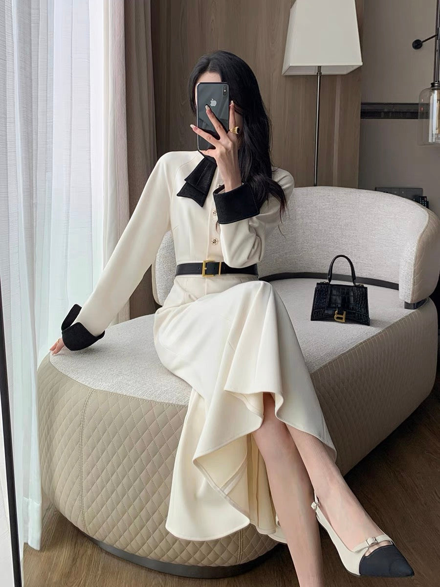 Guogejia beige dress for women 2023 autumn new French tea break waist slimming gentle style long skirt