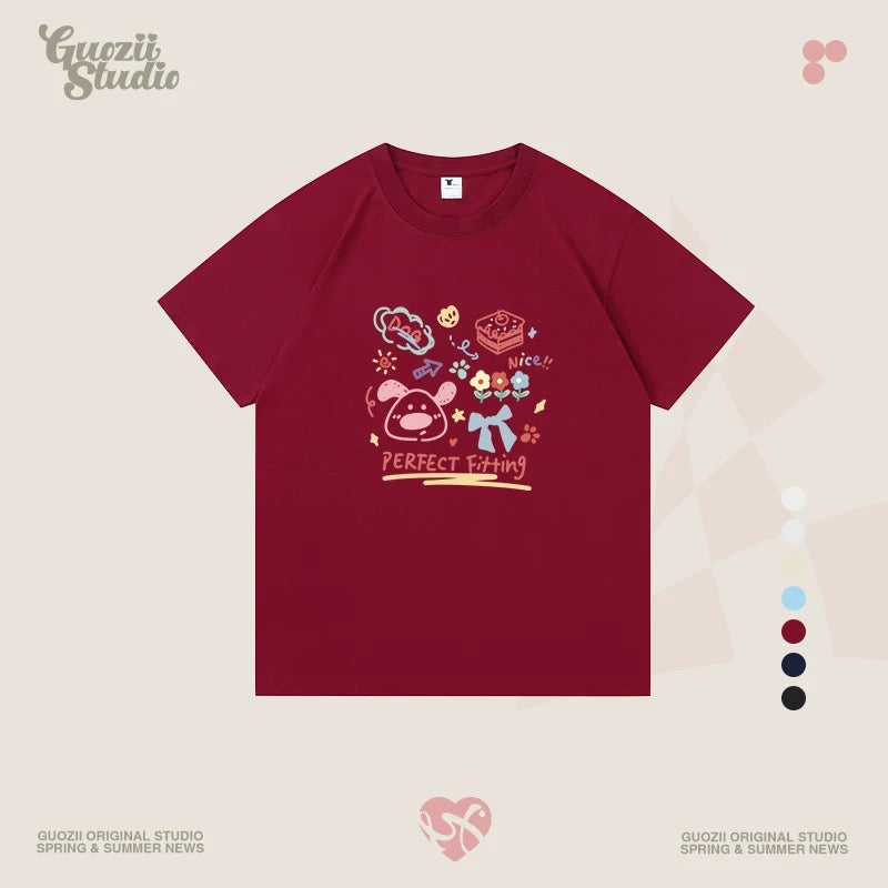 Guozii cute puppy raglan short-sleeved T-shirt female original design small oversize pure cotton top summer