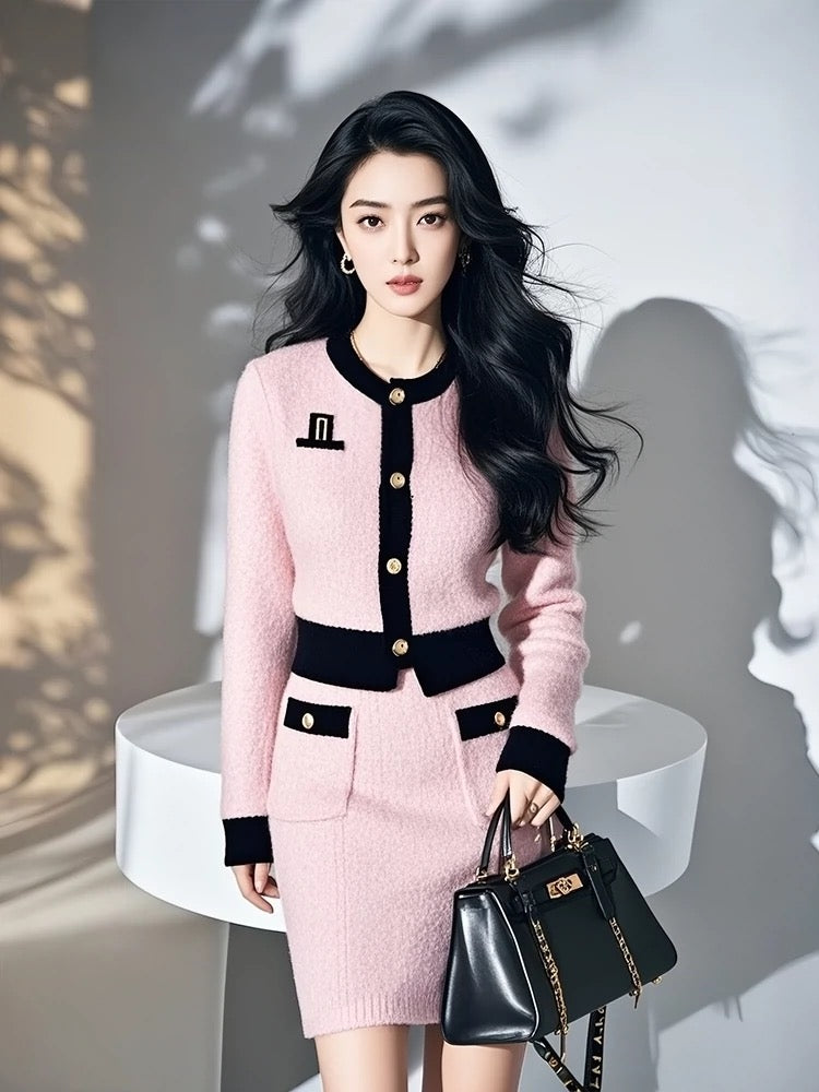 A complete set of autumn outfits for petite girls, with a youthful temperament and a style, pink knitted tops and skirts, professional suits