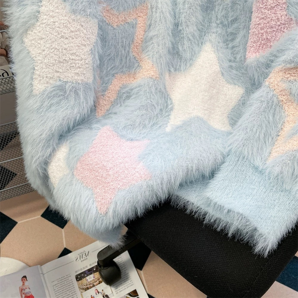 Milky fufu sweet soft glutinous star embroidered plush sweater for men and women in winter lazy style thickened mink fleece sweater