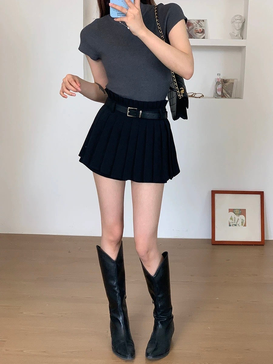 RENA sweet hot girl preppy style design sense solid color high waist slim fit pleated A-line anti-skid skirt