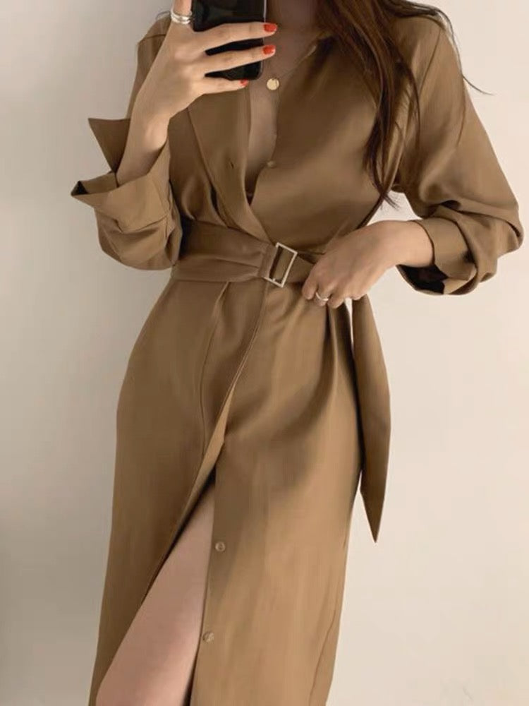 Korean chic French retro temperament single-breasted belt design mid-length shirt dress for women