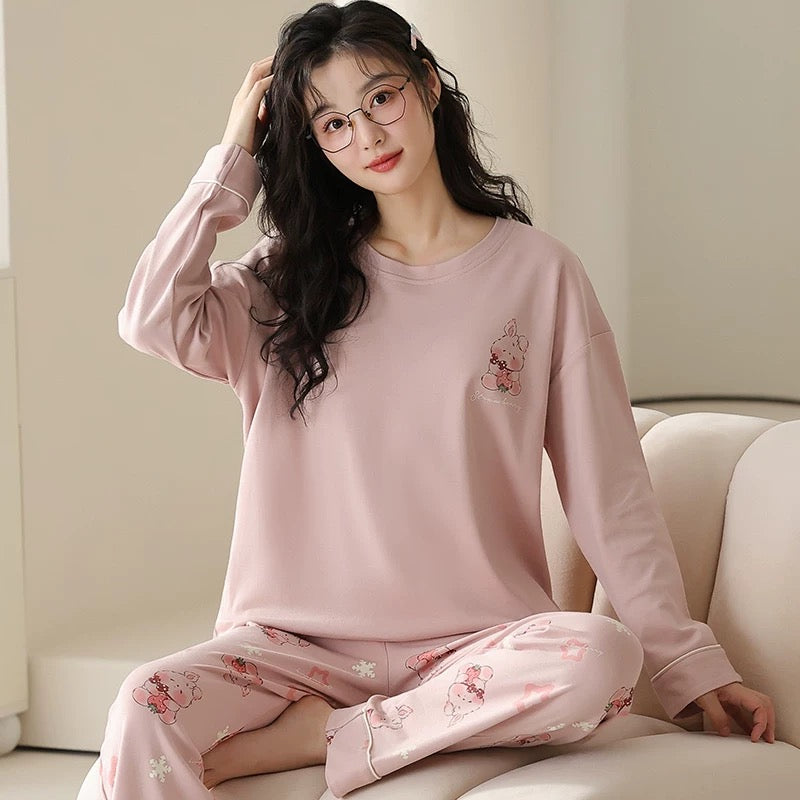 Pajamas for women Spring and Autumn 2024 new long-sleeved cotton large size summer cute autumn and winter home clothes suit